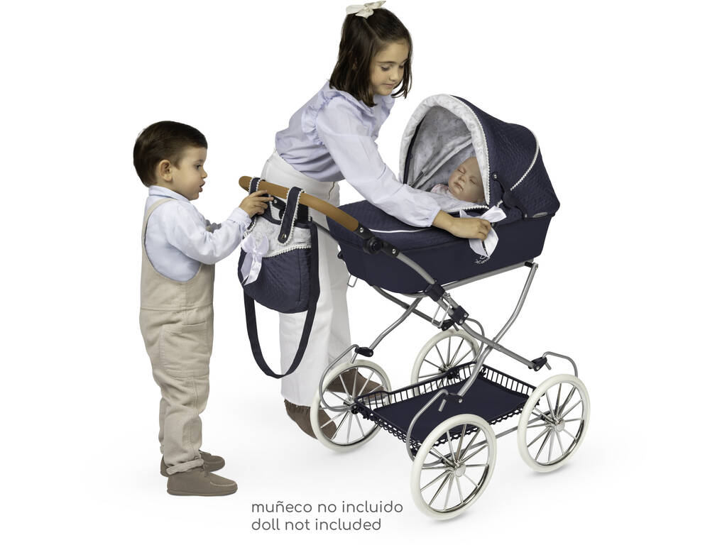 Chariot de poupée pliable vintage avec sac à main