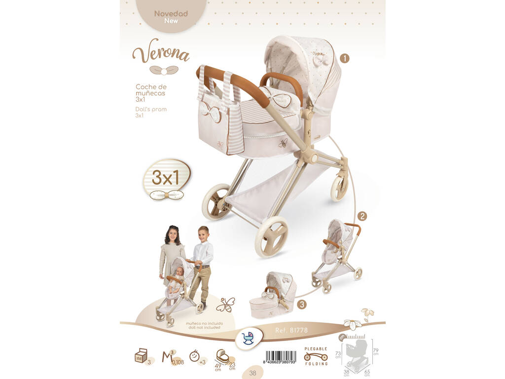 Verona 3x1 Chariot pliable pour poupées avec sac à main