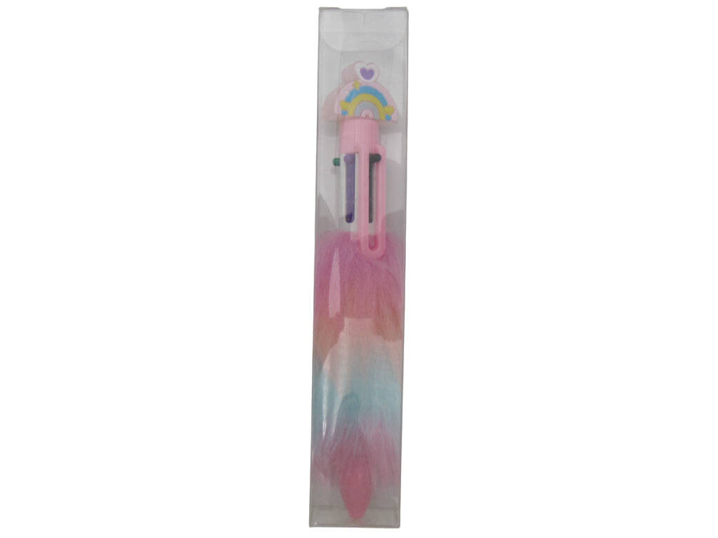 Stylo à bille 6 couleurs avec arc-en-ciel et fourrure 15,5cm