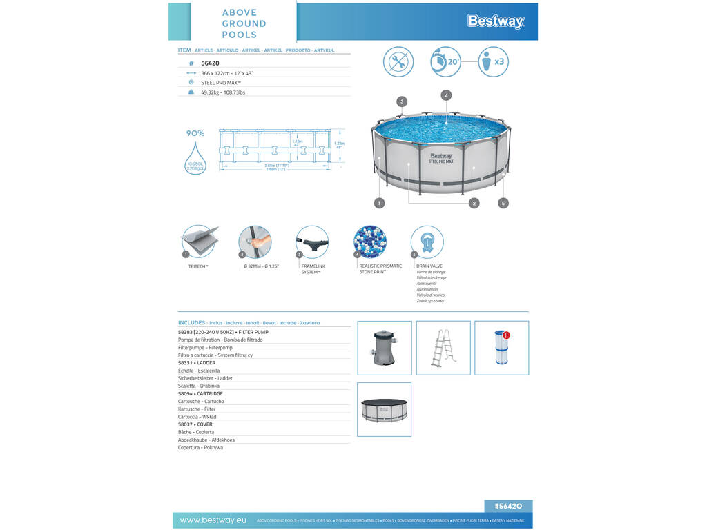 Piscine Hors sol 366 x 122 cm Bestway 56420
